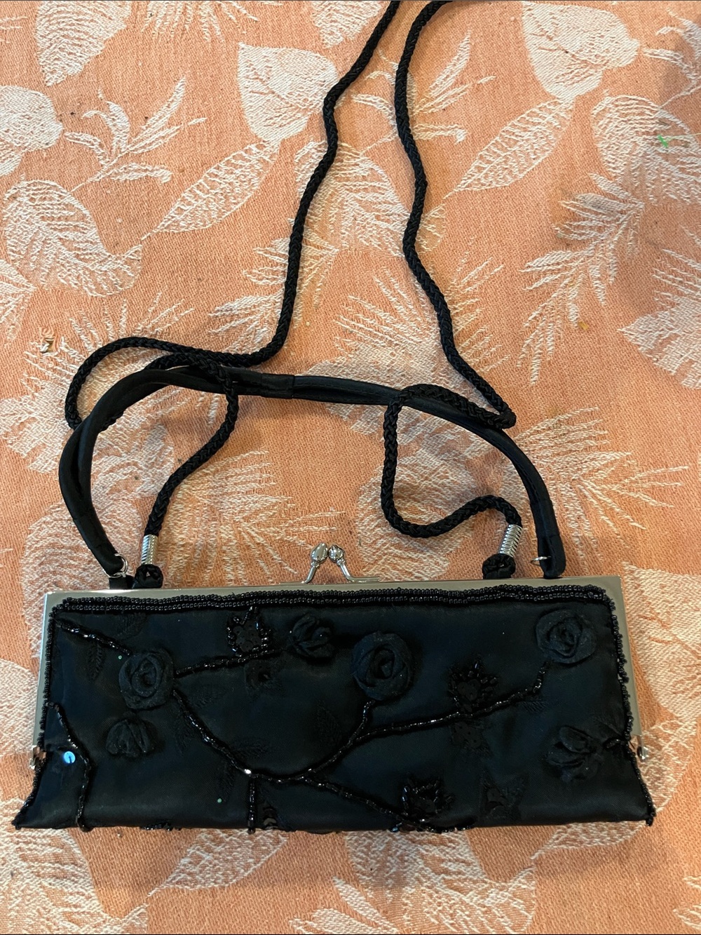 Apt. 9 Black Beaded Floral Evening Clutch with Strap
